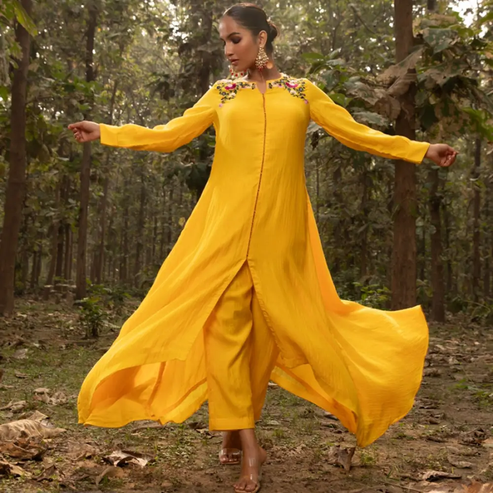 shop Embroidered Chanderi - Yellow Asymmetrical Tunic Set (Set of 2)