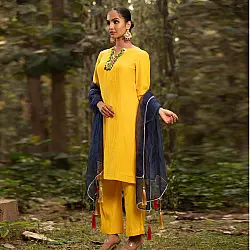 Advaya . अद्वया | Hand Embroidered Chanderi Silk Kurta Set with Organza Dupatta (Set of 3)