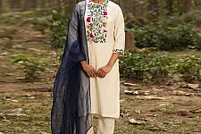 Advaya . अद्वया | Hand Embroidered Chanderi Kurta Set with Contrast Organza Dupatta (Set of 3)