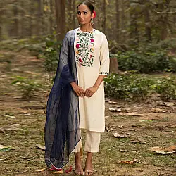 Advaya . अद्वया | Hand Embroidered Chanderi Kurta Set with Contrast Organza Dupatta (Set of 3)