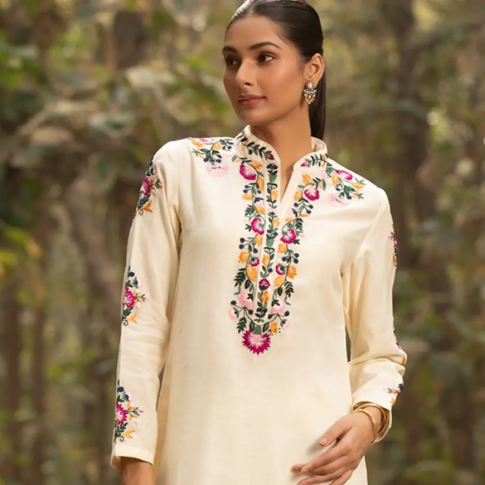 shop Hand Embroidered Chanderi - Kurta with Cigarette Pant, Organza Dupatta (Set of 3)