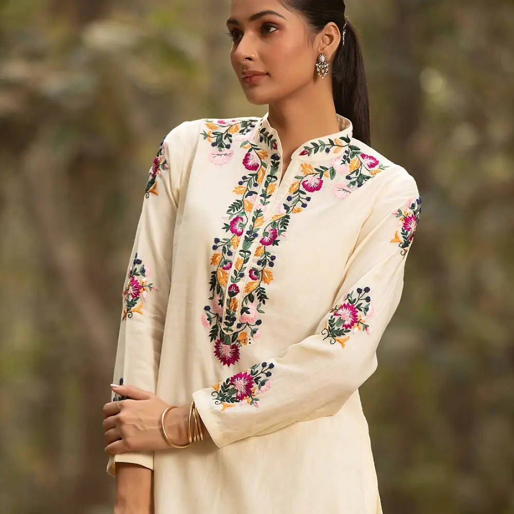 shop Hand Embroidered Chanderi - Kurta with Cigarette Pant, Organza Dupatta (Set of 3)