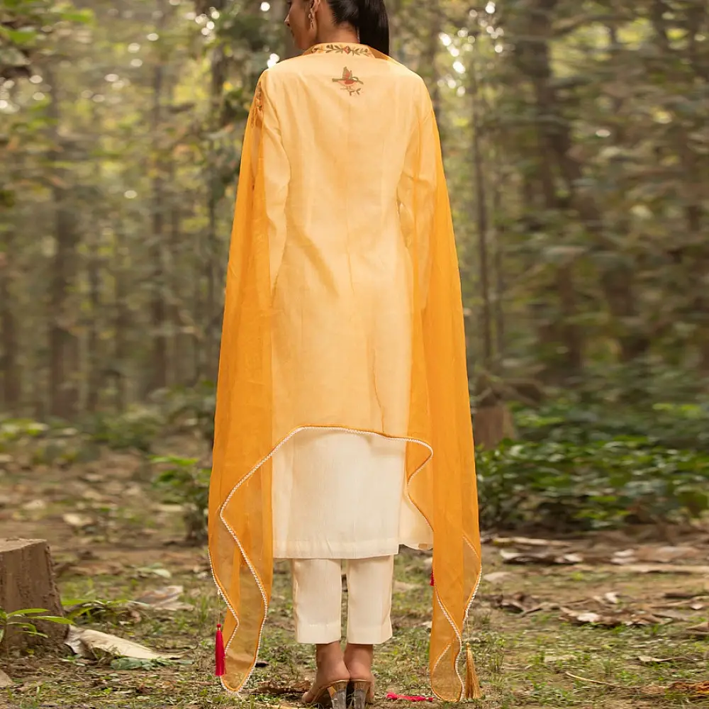 shop Hand Embroidered Chanderi - Kurta with Cigarette Pant, Organza Dupatta (Set of 3)