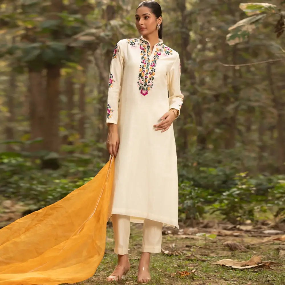 shop Hand Embroidered Chanderi - Kurta with Cigarette Pant, Organza Dupatta (Set of 3)