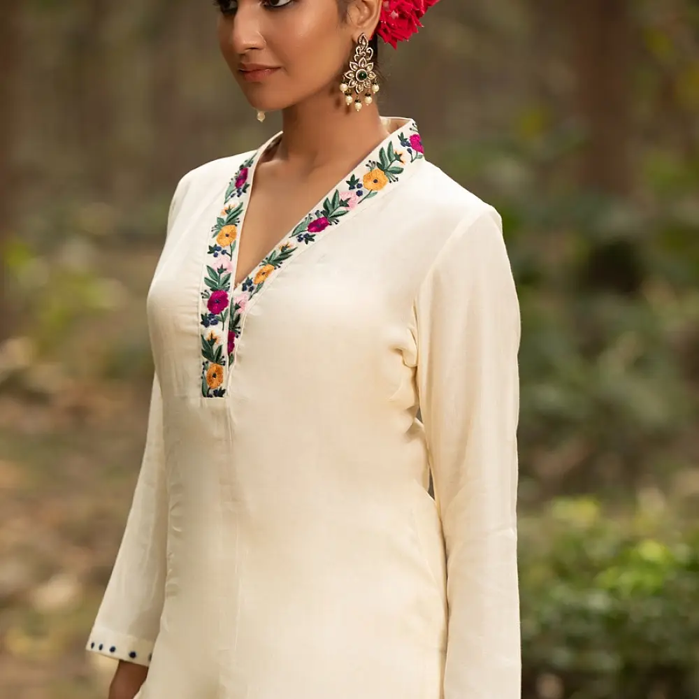 shop Hand Embroidered Chanderi Co - Ord Set - Tunic Paired with Straight Fitted Pant (Set of 2)