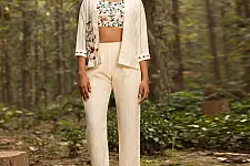Advaya . अद्वया | Hand Embroidered Chanderi Co - ord Set - Jacket, Blouse & Paired Pant (Set of 3)