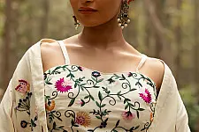 Advaya . अद्वया | Hand Embroidered Chanderi Co - ord Set - Jacket, Blouse & Paired Pant (Set of 3)