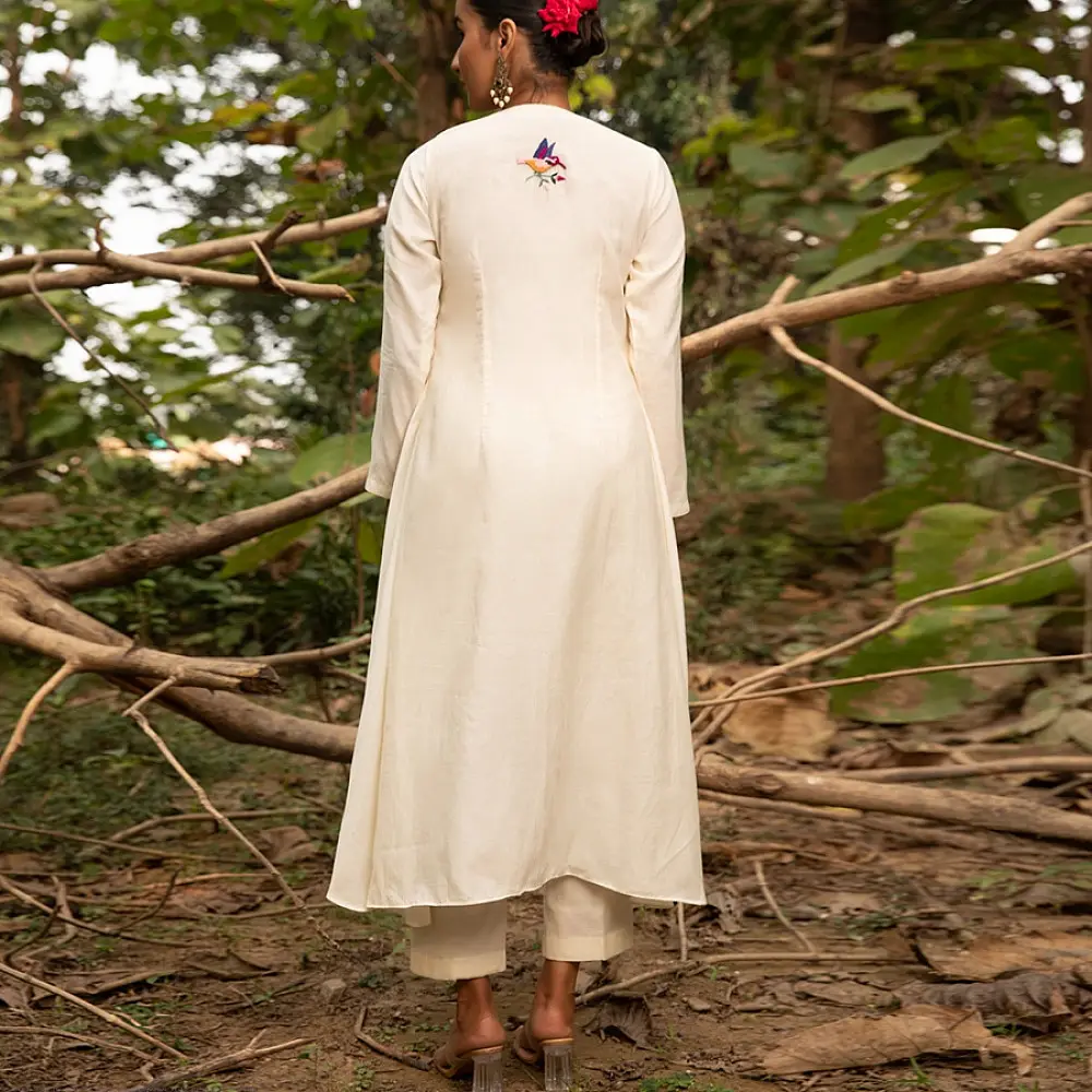 shop Hand Embroidered Chanderi - Tunic Paired with Straight Pant (Set of 2)