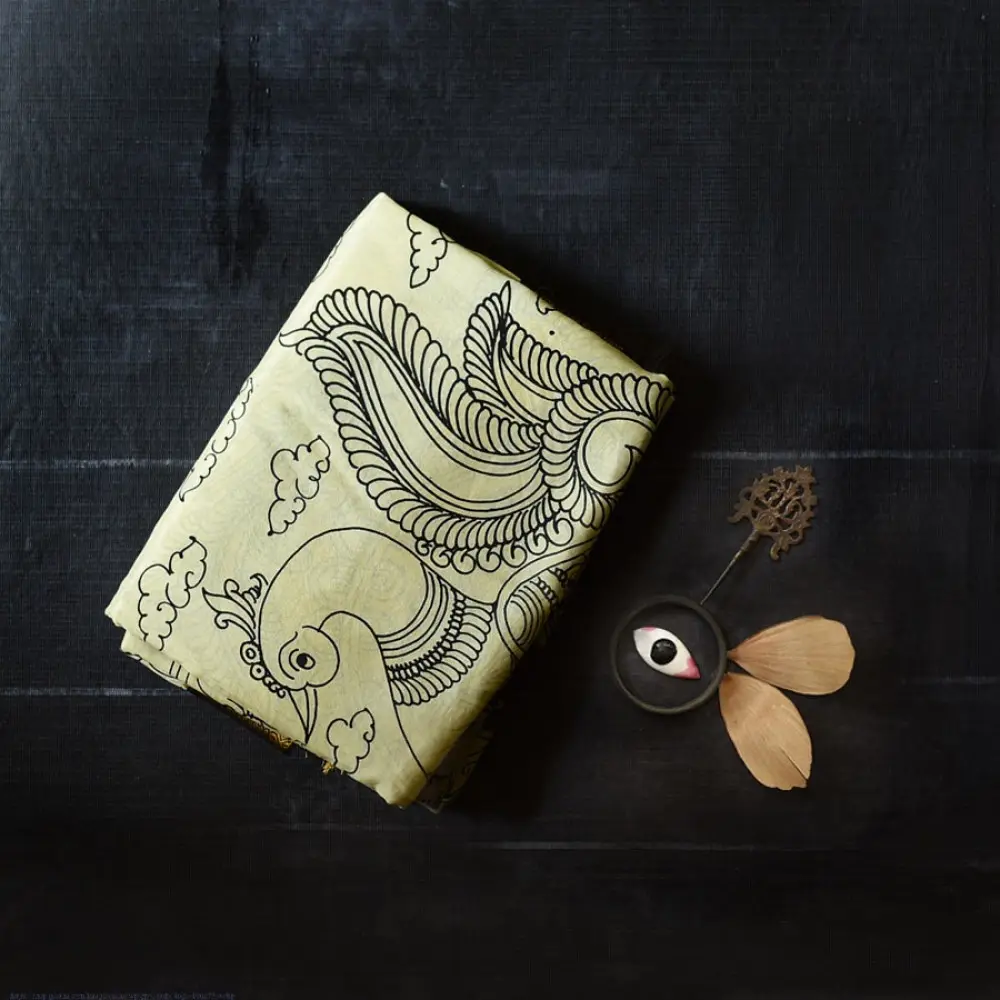 shop Handmade ~ Kalamkari Silk Saree - Peacock Motif