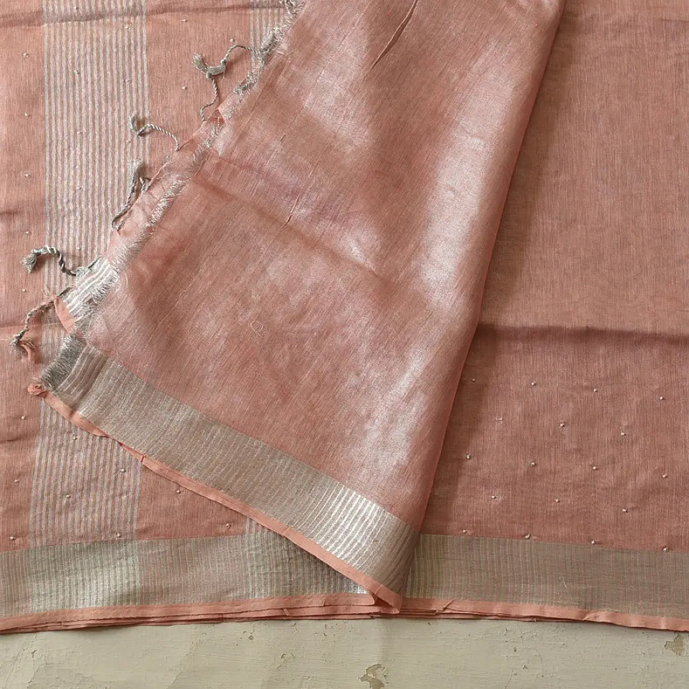 shop Linen Saree - Hand Embroidered - Light Orange