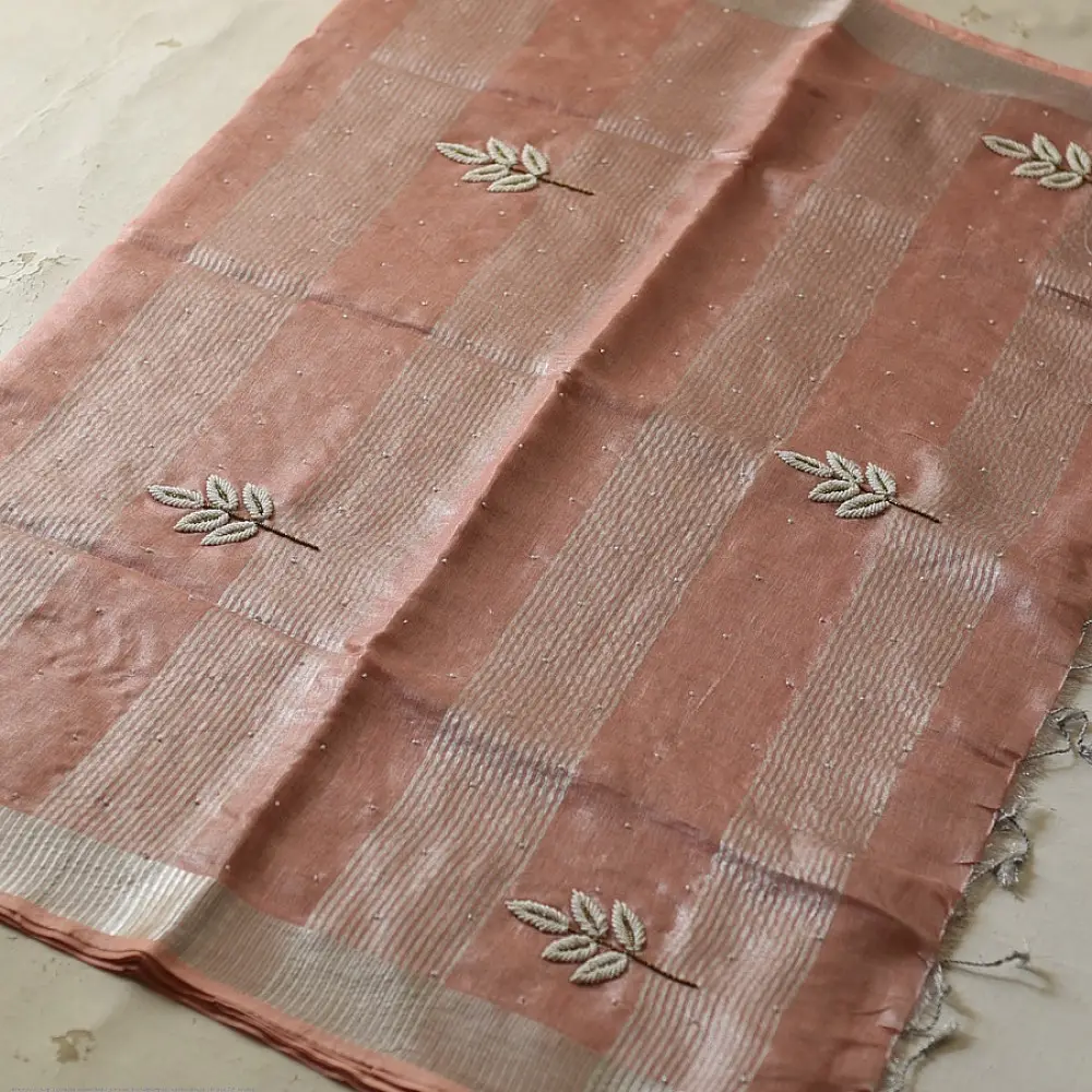 shop Linen Saree - Hand Embroidered - Light Orange
