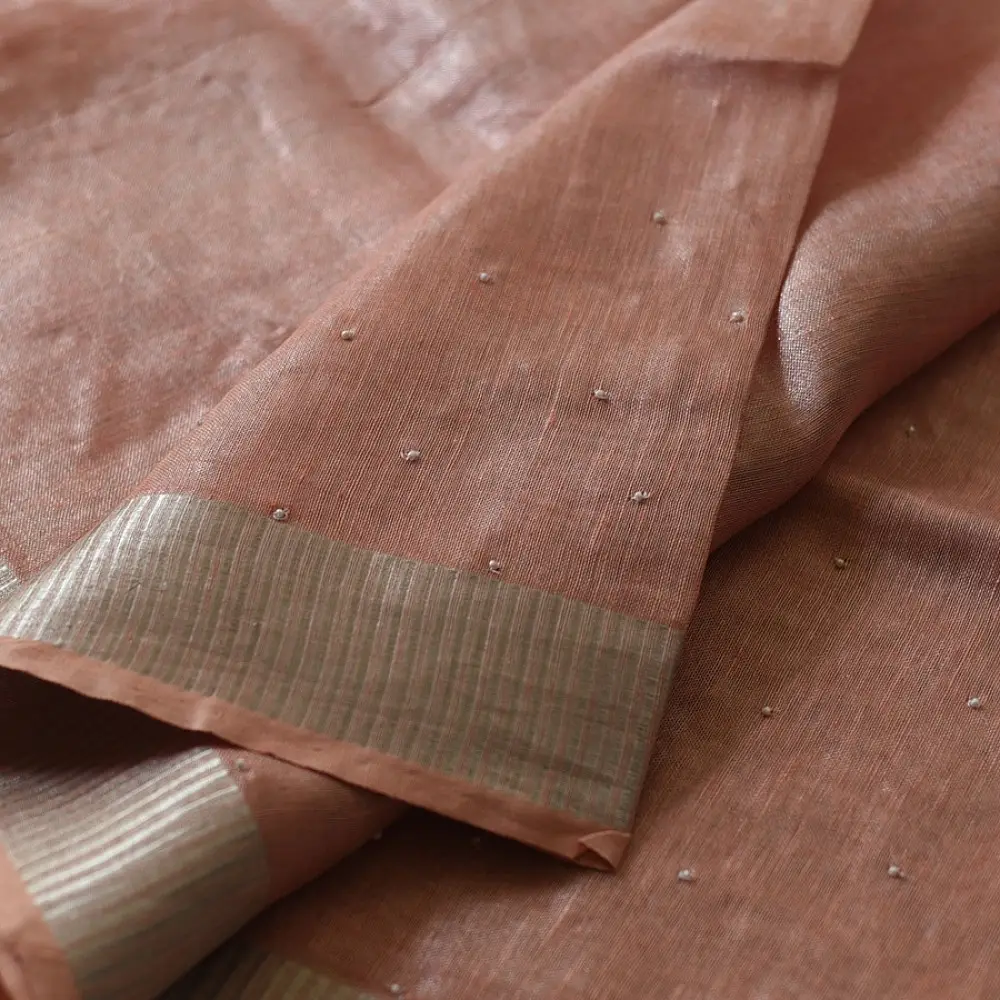 shop Linen Saree - Hand Embroidered - Light Orange