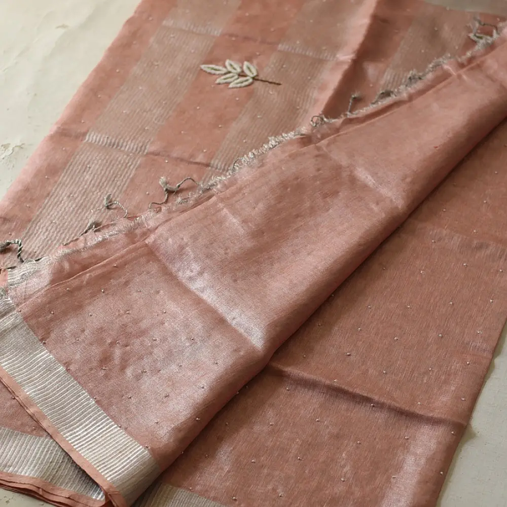 shop Linen Saree - Hand Embroidered - Light Orange