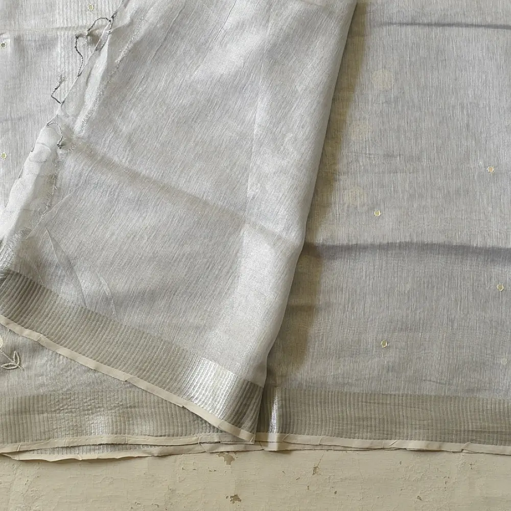 shop Linen Saree - Bead Hand Embroidered 