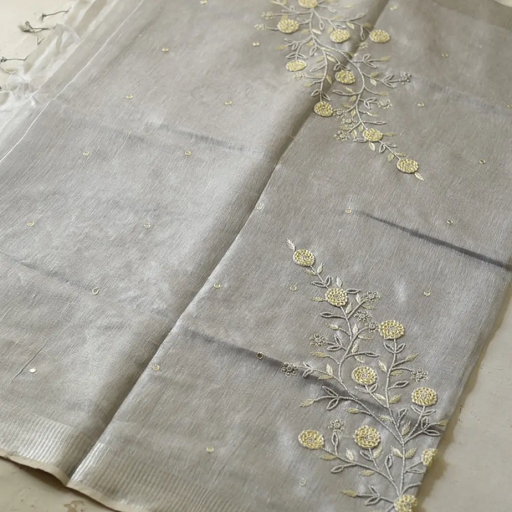 shop Linen Saree - Bead Hand Embroidered 