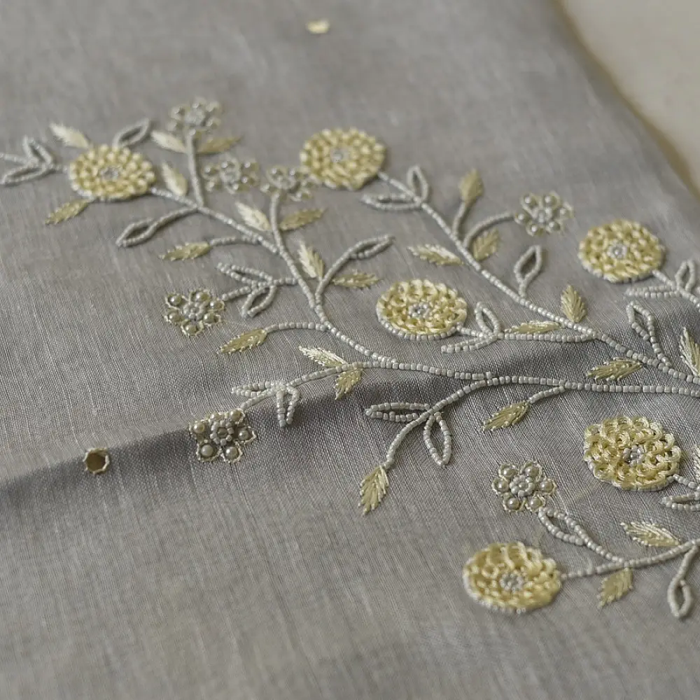 shop Linen Saree - Bead Hand Embroidered 