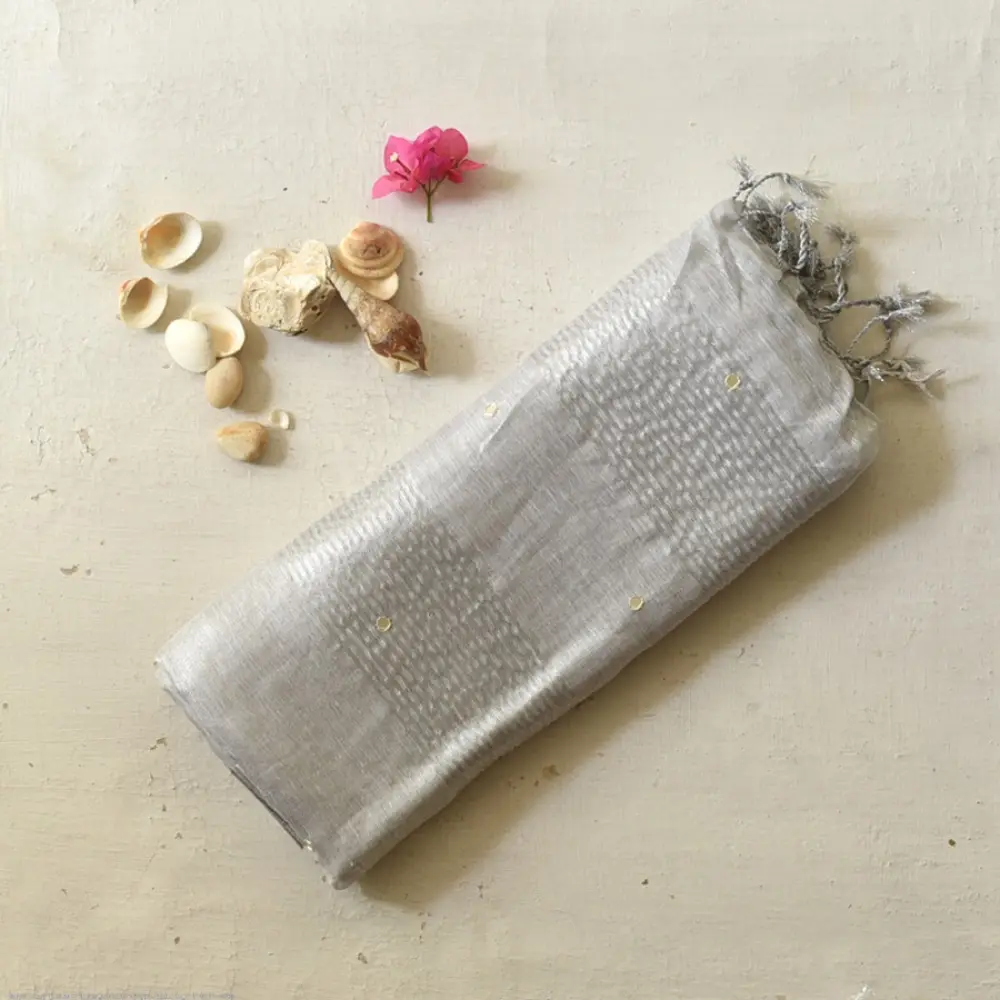 shop Linen Saree - Bead Hand Embroidered 
