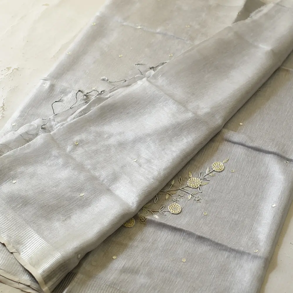 shop Linen Saree - Bead Hand Embroidered 