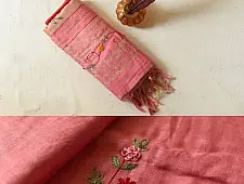 Kopal ✲ Handloom Linen Saree - Hand Embroidered - Light Carrot Red