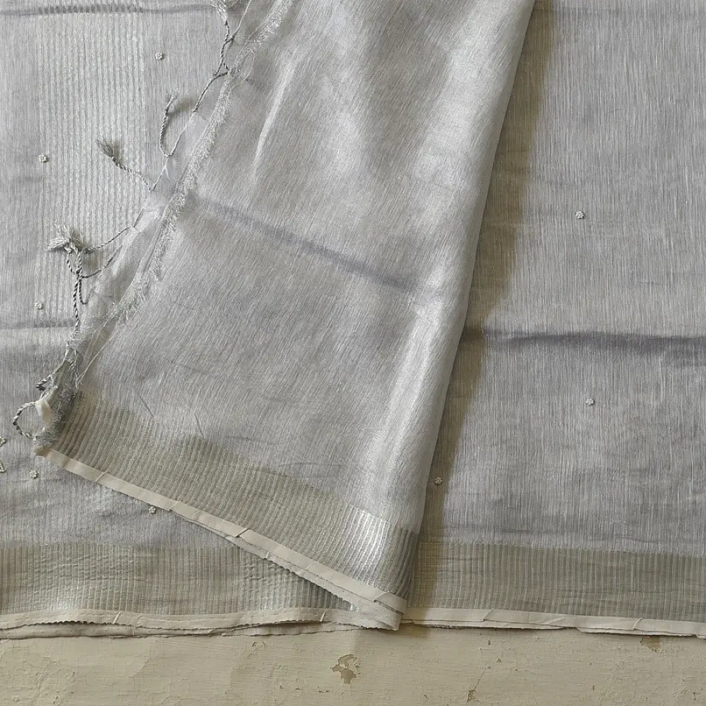 shop Linen Saree - Hand Embroidered - Silvery White