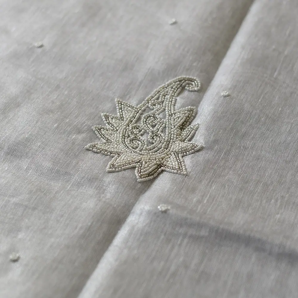 shop Linen Saree - Hand Embroidered - Silvery White