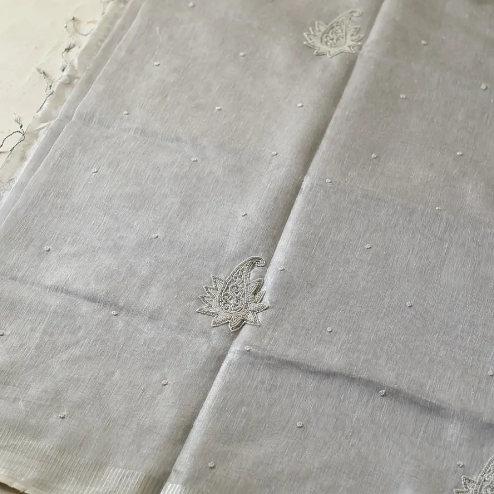 shop Linen Saree - Hand Embroidered - Silvery White