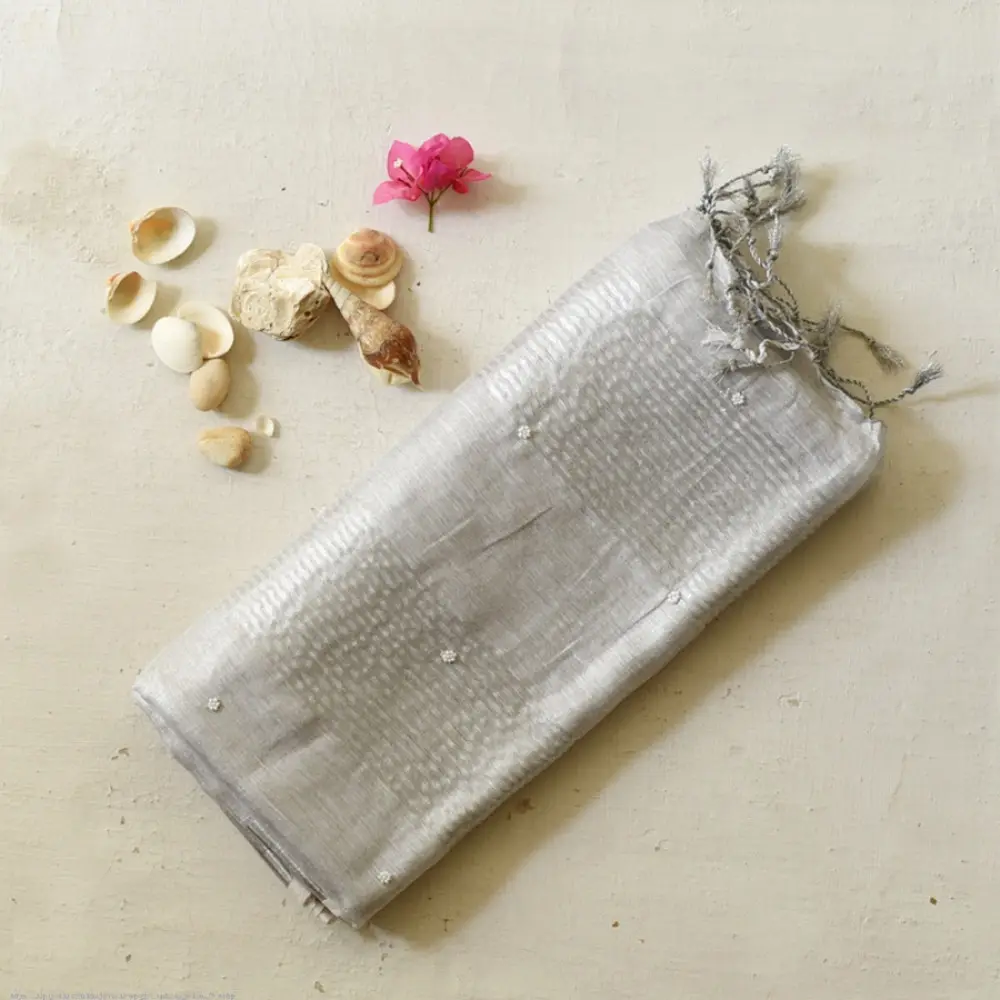shop Linen Saree - Hand Embroidered - Silvery White