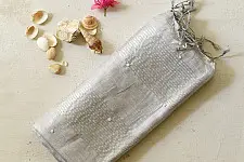 Kopal ~ Linen Saree - Hand Embroidered - Silvery White