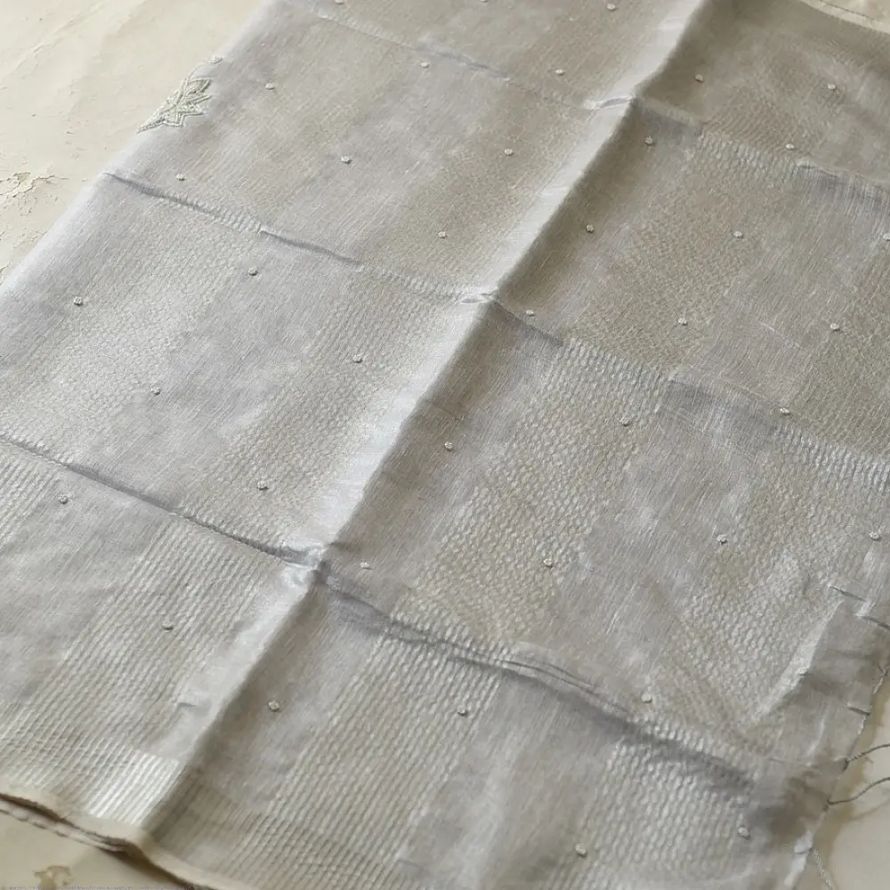 shop Linen Saree - Hand Embroidered - Silvery White