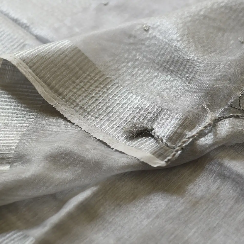 shop Linen Saree - Hand Embroidered - Silvery White
