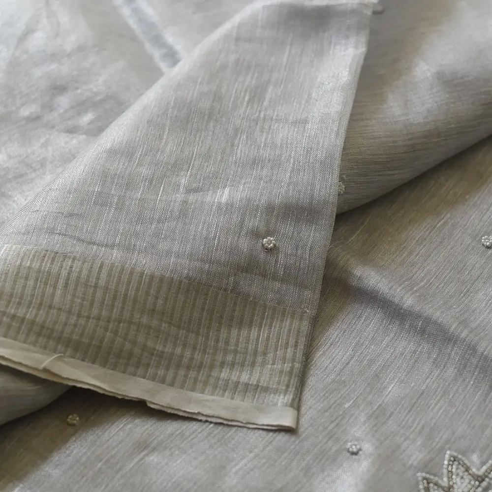 shop Linen Saree - Hand Embroidered - Silvery White