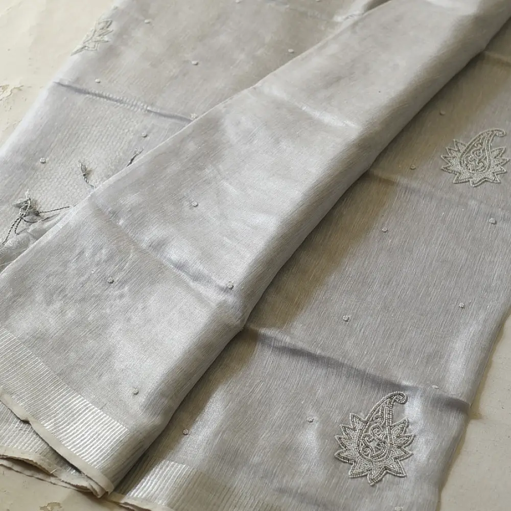 shop Linen Saree - Hand Embroidered - Silvery White