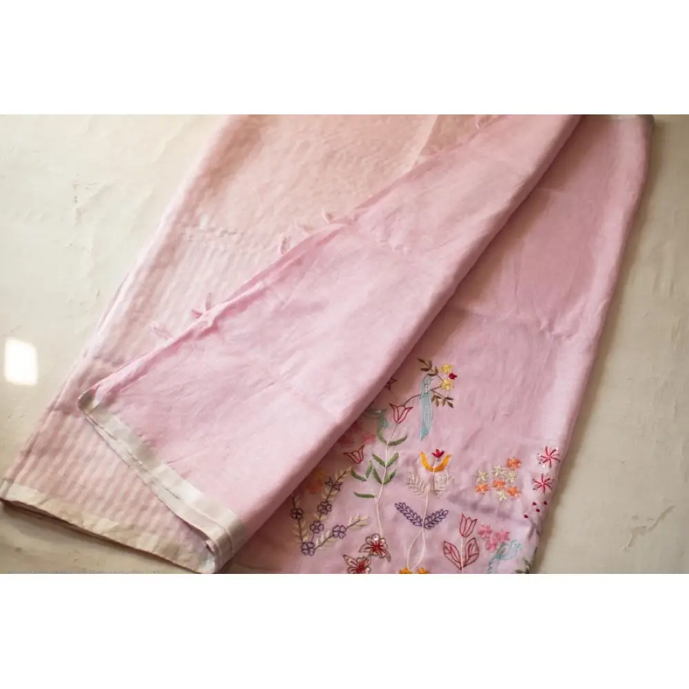 shop Handloom Linen Saree - Hand Embroidered  - Baby Pink Color