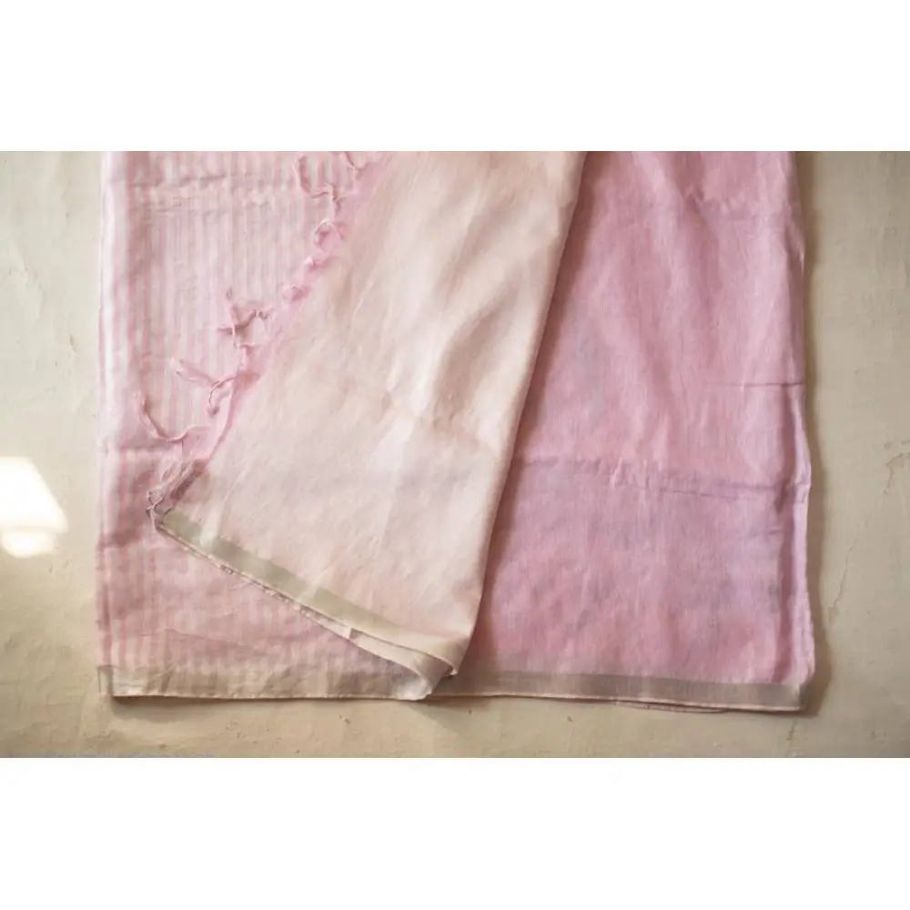shop Handloom Linen Saree - Hand Embroidered  - Baby Pink Color