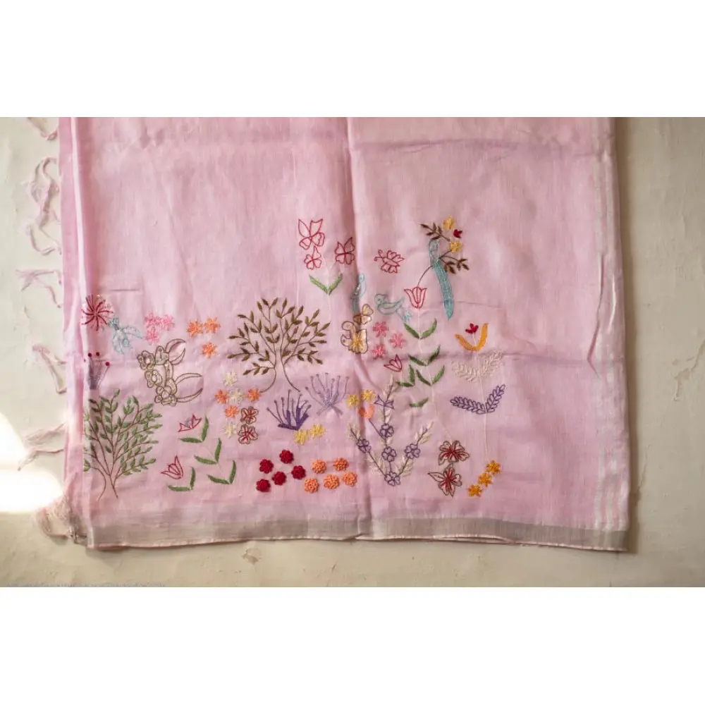 shop Handloom Linen Saree - Hand Embroidered  - Baby Pink Color