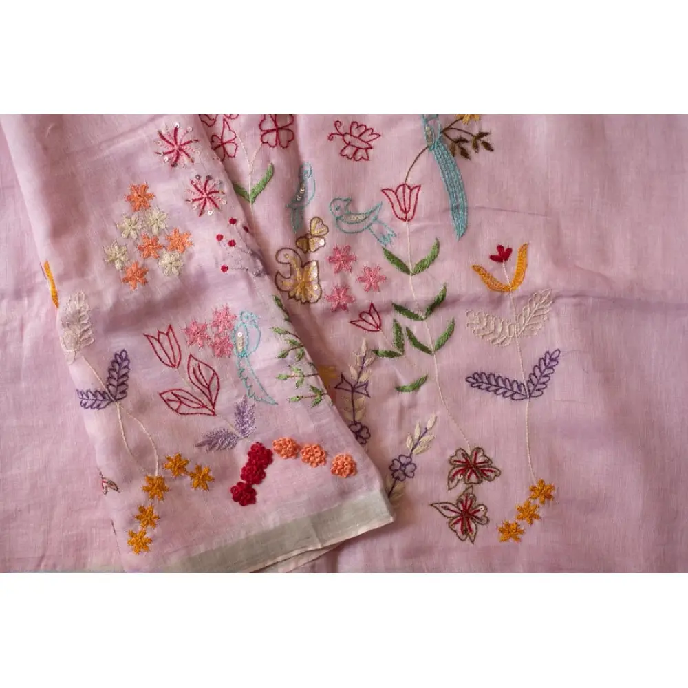 shop Handloom Linen Saree - Hand Embroidered  - Baby Pink Color