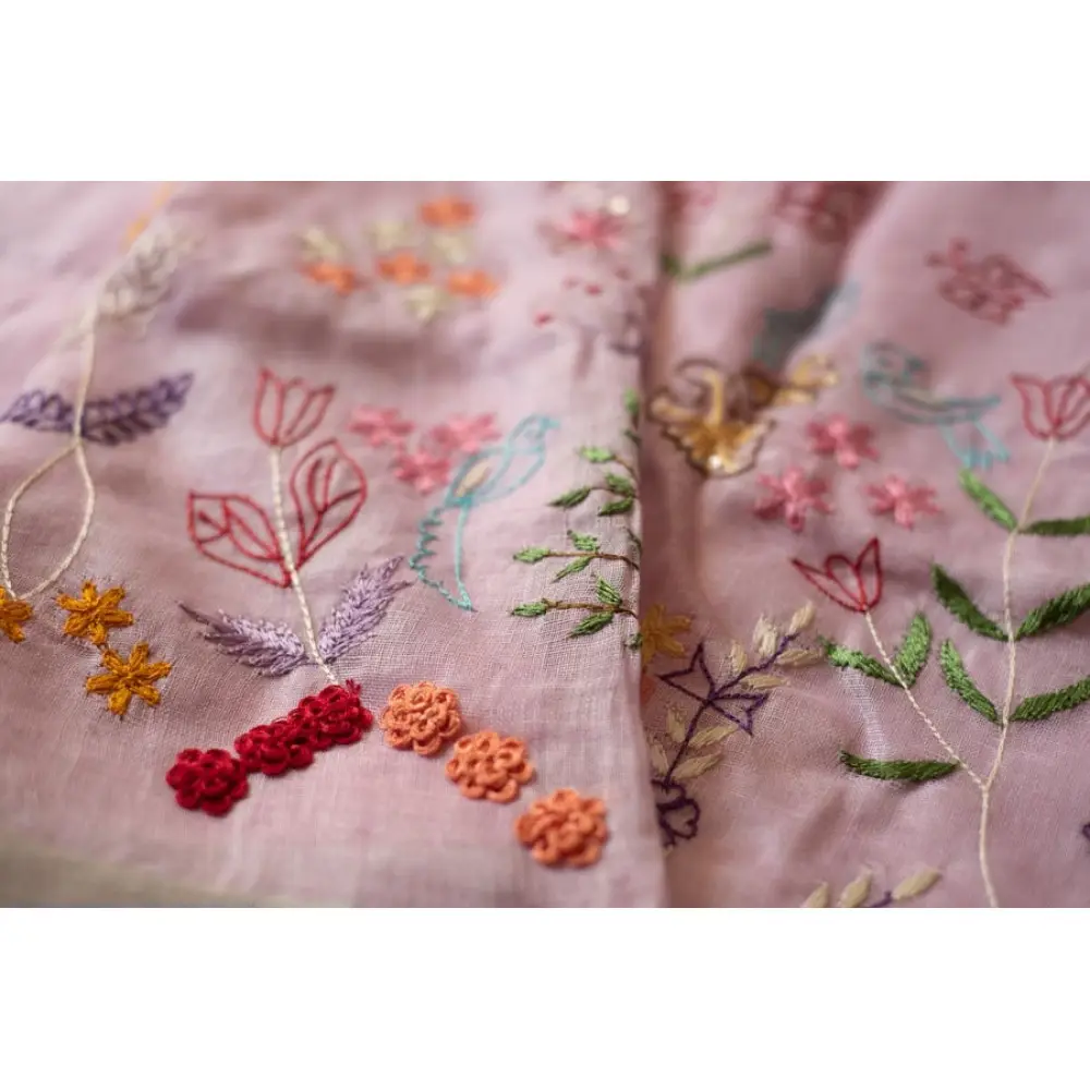 shop Handloom Linen Saree - Hand Embroidered  - Baby Pink Color