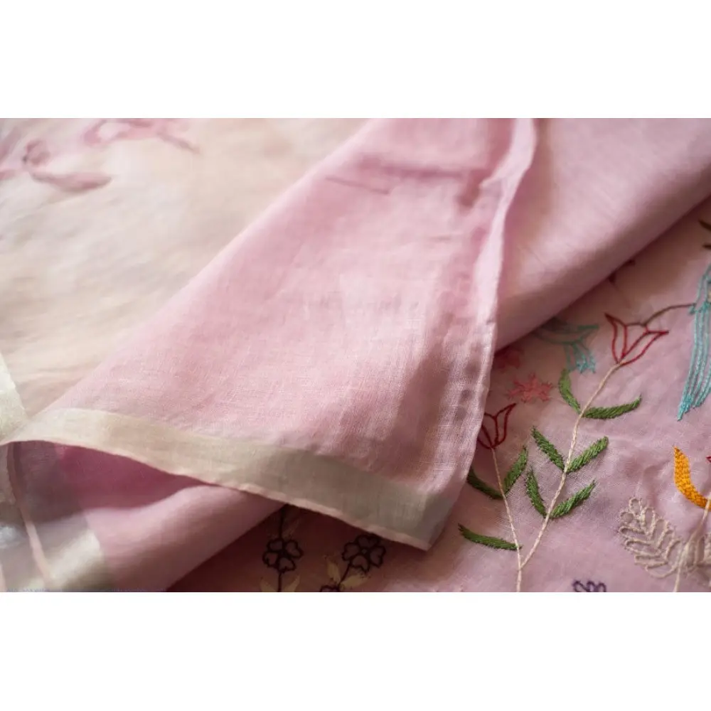 shop Handloom Linen Saree - Hand Embroidered  - Baby Pink Color