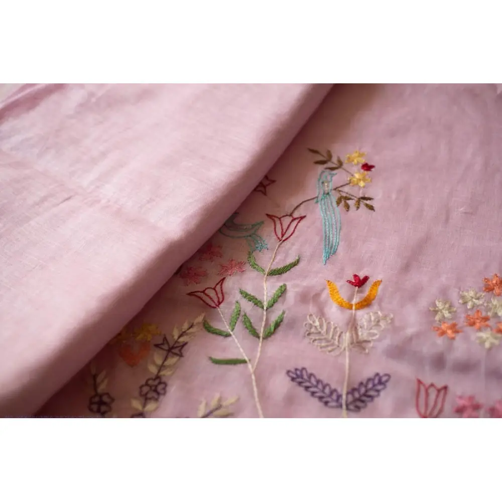 shop Handloom Linen Saree - Hand Embroidered  - Baby Pink Color