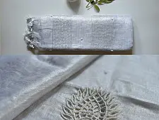 Kopal | Handloom Hand Embroidered White Silver Linen Saree ~ 4