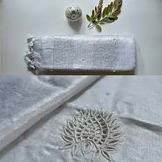 Kopal | Handloom Hand Embroidered White Silver Linen Saree ~ 4
