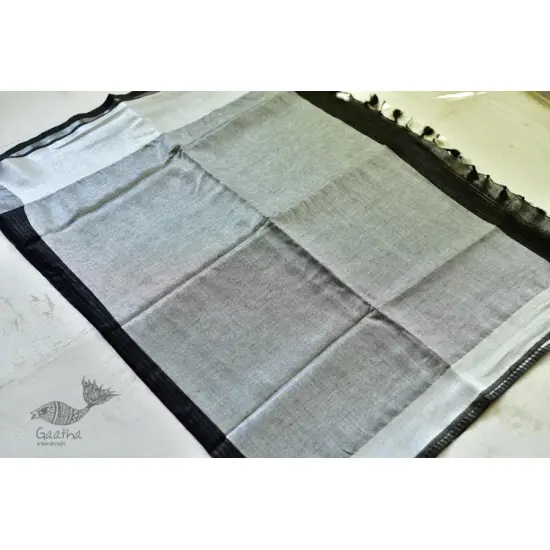 handloom linen saree - balk and silver color