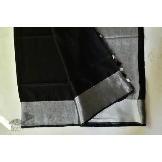 handloom linen saree - balk and silver color