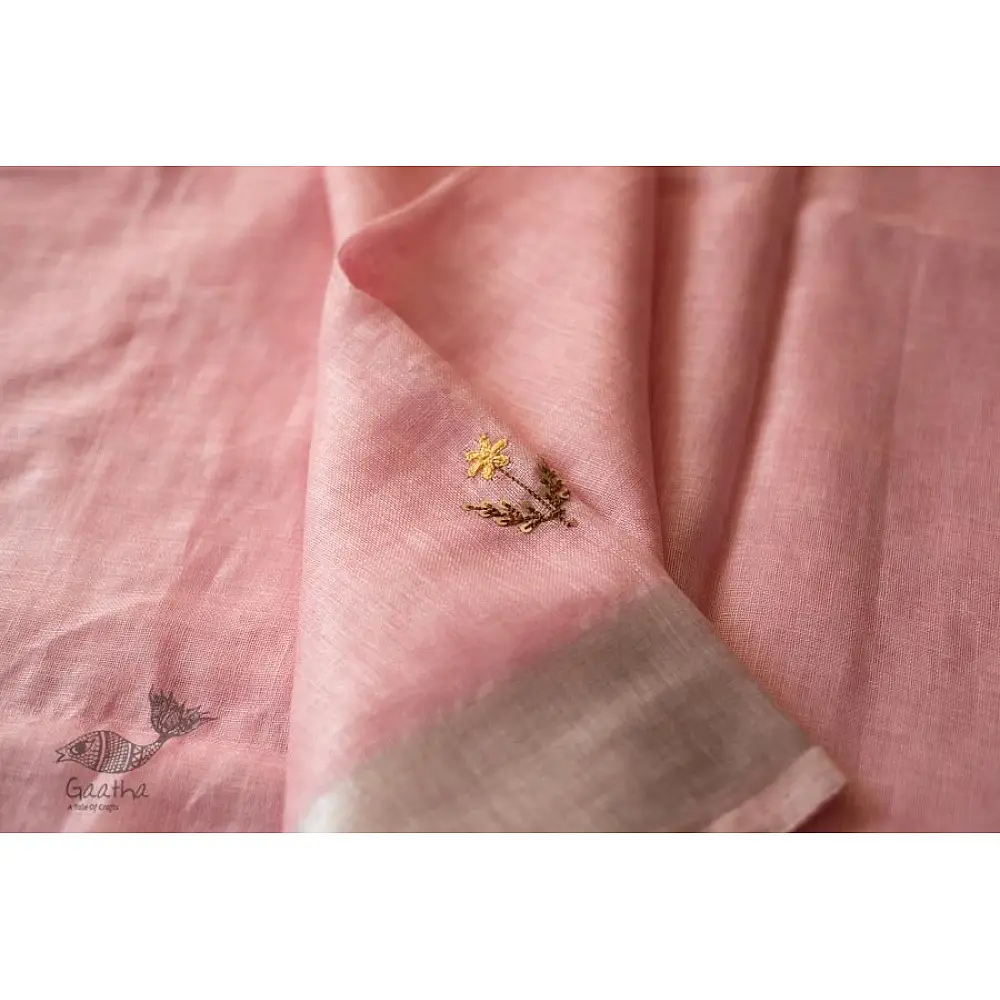 shop Handloom Linen Saree - Hand Embroidered