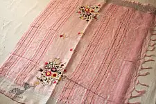Kopal ✲ Handloom Linen Saree - Hand Embroidered - Light Pink