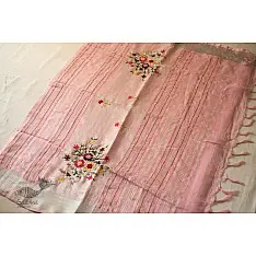 Kopal ✲ Handloom Linen Saree - Hand Embroidered - Light Pink