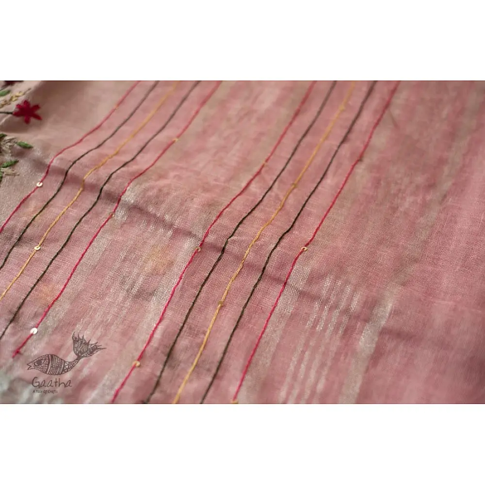 shop Handloom Linen Saree - Hand Embroidered