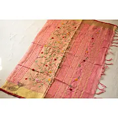 Kopal ✲ Handloom Linen Saree - Hand Embroidered - Light Carrot Red