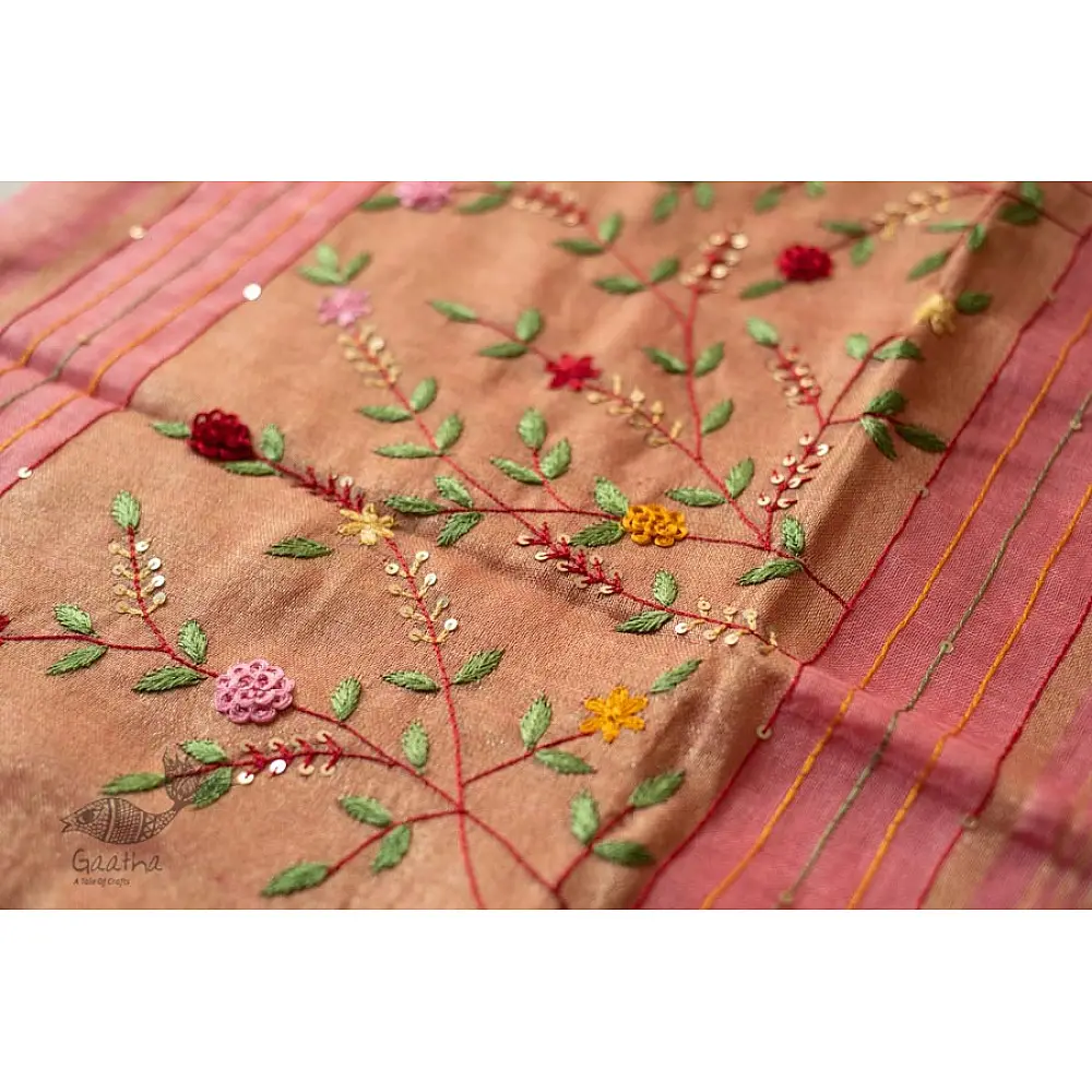 shop Handloom Linen Saree - Hand Embroidered