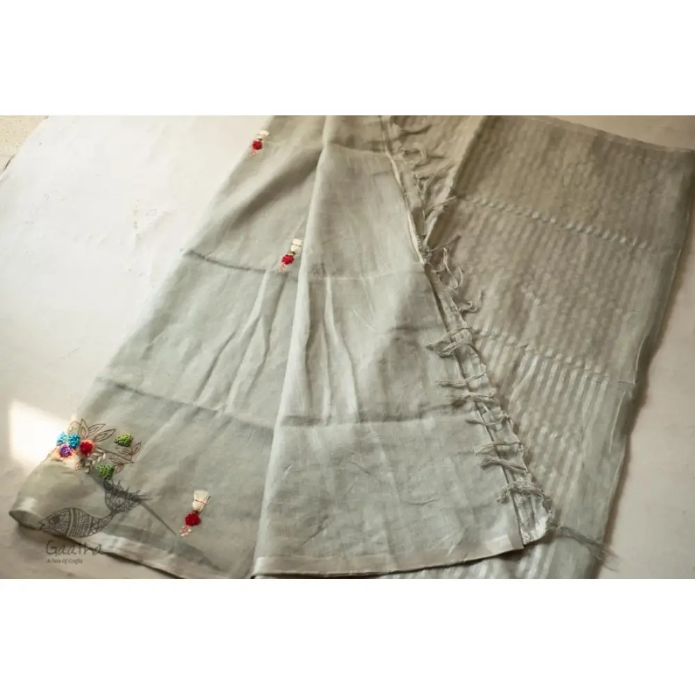 shop Handloom Linen Saree - Hand Embroidered